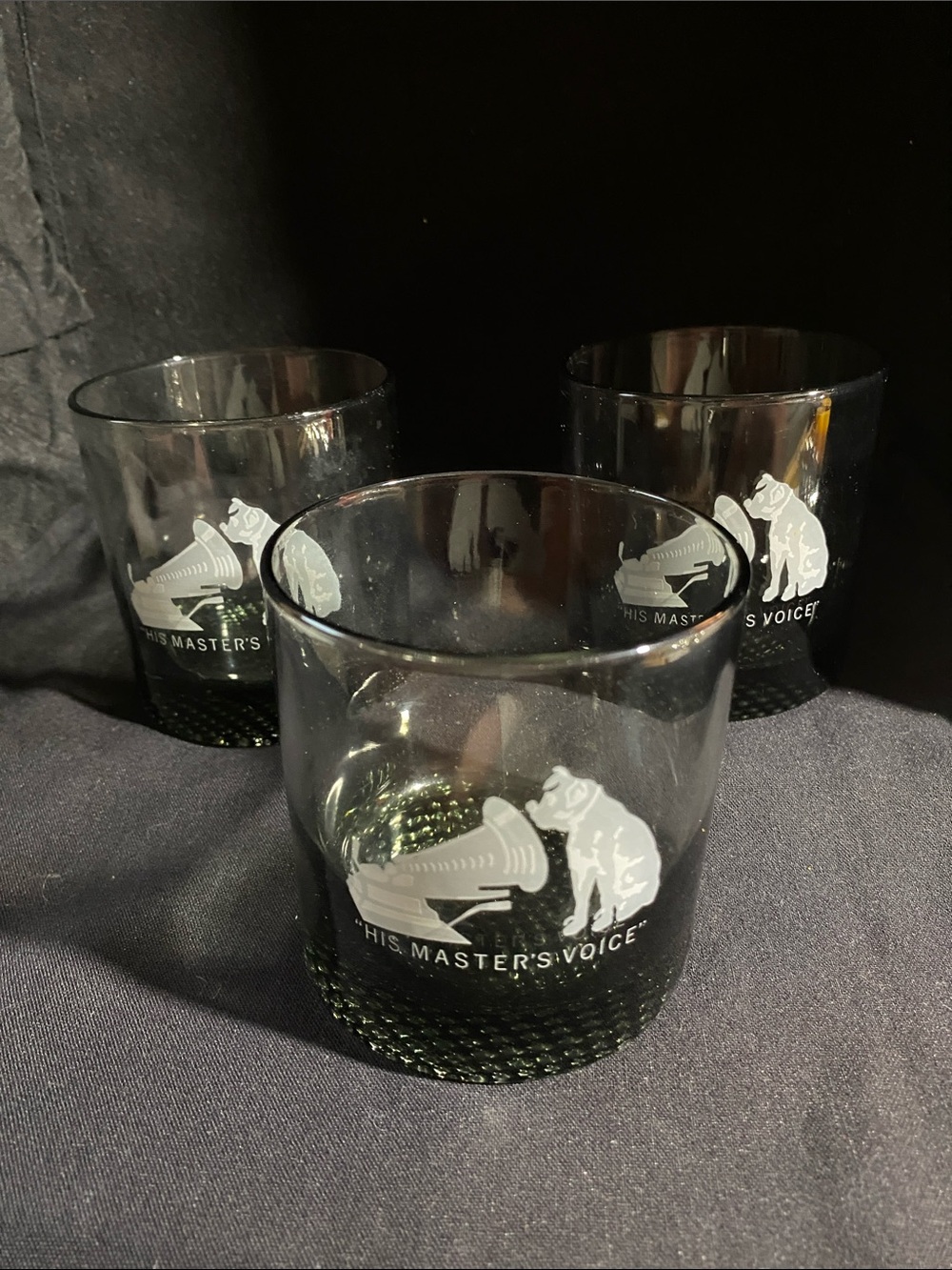 Set of 3 Vintage RCA His Master's Voice etched rock glasses bar Nipper